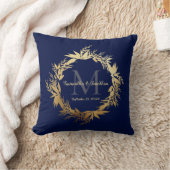 Gold Greenery Monogram Navy Blue Wedding Keepslag Kussen (Deken)