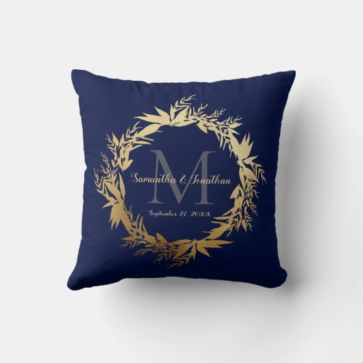 Gold Greenery Monogram Navy Blue Wedding Keepslag Kussen (Achterkant)