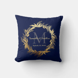 Gold Greenery Monogram Navy Blue Wedding Keepslag Kussen