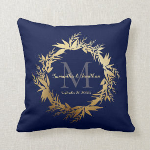 Gold Greenery Monogram Navy Blue Wedding Keepslag Kussen