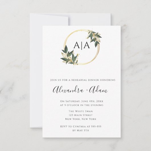 Gold Greenery Monogram Rehearsal Dinner Invitation Kaart (Voorkant)