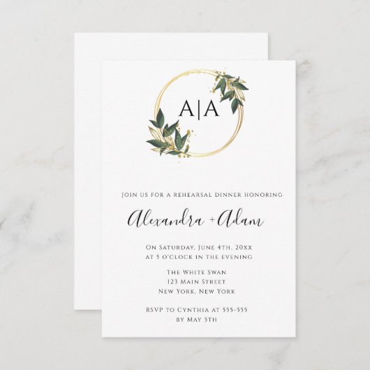 Gold Greenery Monogram Rehearsal Dinner Invitation Kaart (Voorkant / Achterkant)