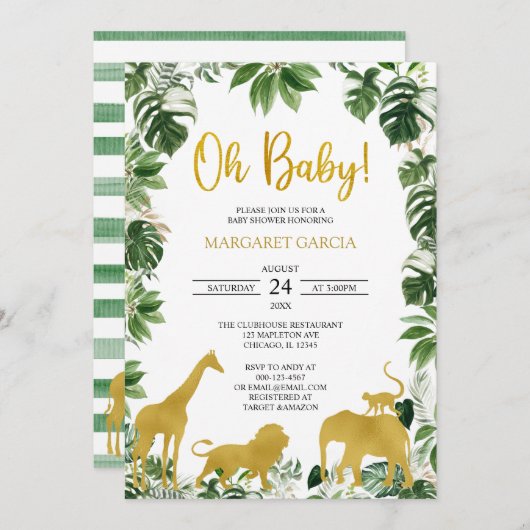 Gold Greenery Oerwoud Safari Animals Baby shower Kaart (Voorkant / Achterkant)