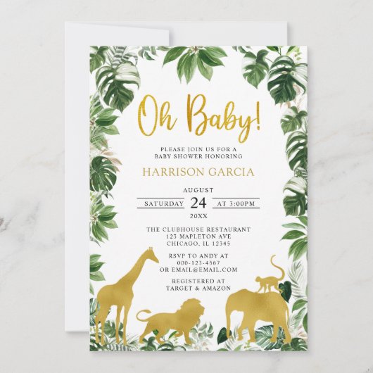 Gold Greenery Oerwoud Safari Animals Baby shower Kaart (Voorkant)