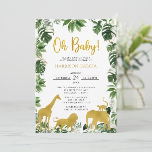 Gold Greenery Oerwoud Safari Animals Baby shower Kaart (Staand voorkant)
