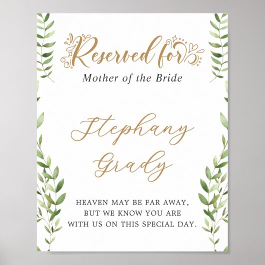 Gold Greenery Reserved Memorial Tafel Teken Poster (Voorkant)