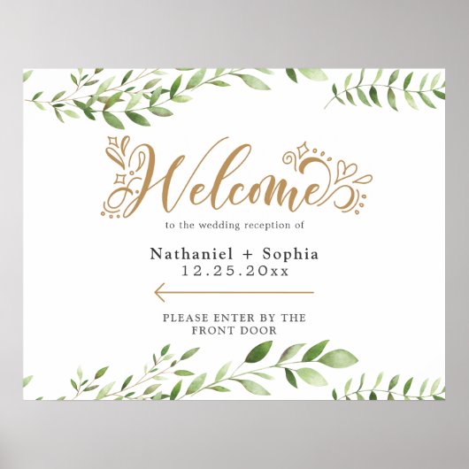 Gold Greenery Right Directional Wedding Welkom Poster (Voorkant)