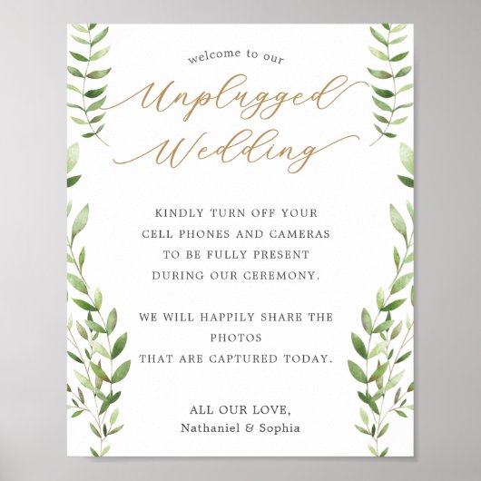 Gold Greenery Unplugged Wedding Sign Poster (Voorkant)