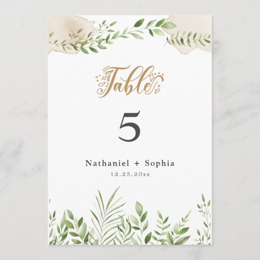 Gold Greenery Waterverf 5x7" Tafelnummer (Achterkant)