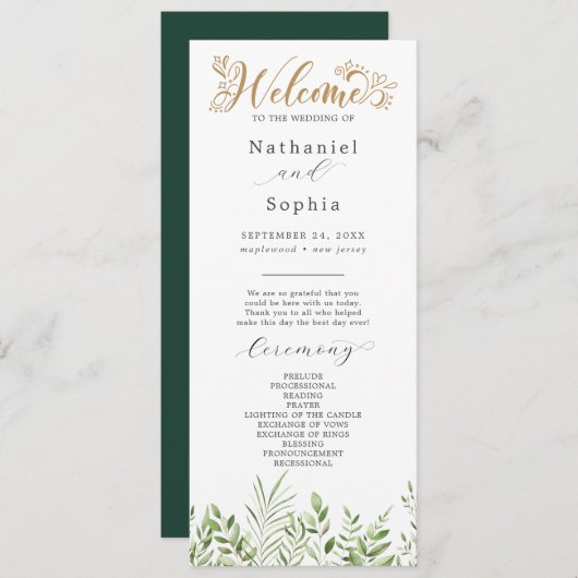 Gold Greenery Waterverf huwelijksprogramma Programmakaart (Voorkant / Achterkant)