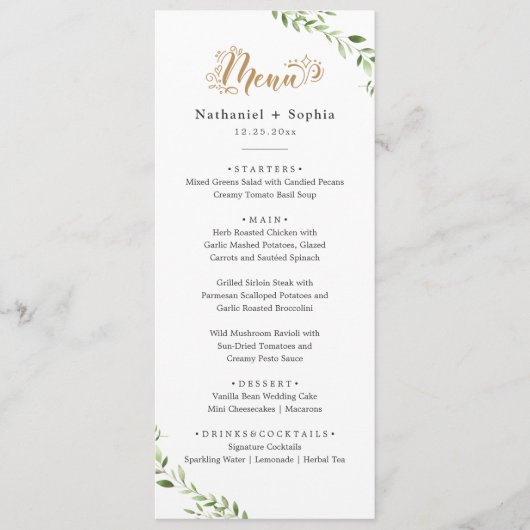 Gold Greenery Waterverf Trouwdiner Menu (Voorkant)