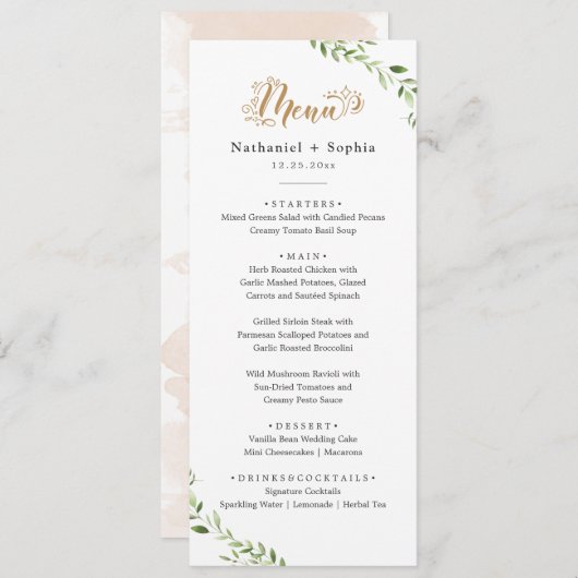 Gold Greenery Waterverf Trouwdiner Menu (Voorkant / Achterkant)
