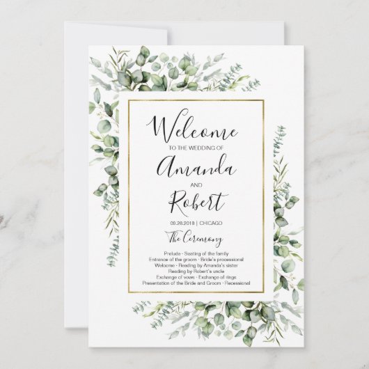 Gold Greenery Waterverf Wedding Ceremony Program Kaart (Voorkant)