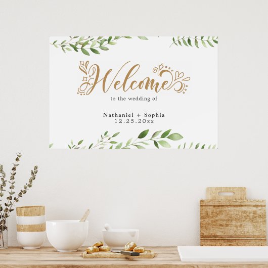 Gold Greenery Waterverf Wedding Welkomstbord Poster (Keuken)