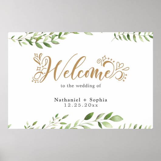 Gold Greenery Waterverf Wedding Welkomstbord Poster (Voorkant)