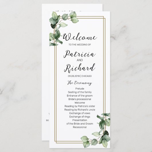 Gold Greenery Wedding Ceremony Program 4x9 Kaart (Voorkant / Achterkant)