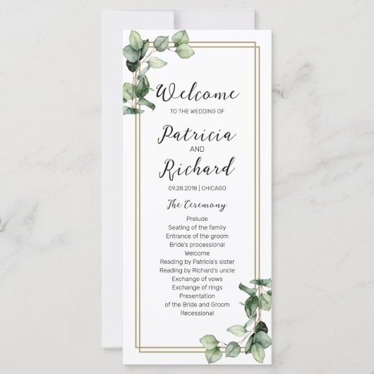 Gold Greenery Wedding Ceremony Program 4x9 Kaart (Voorkant)