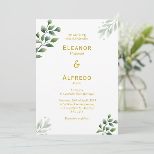 Gold Greenery Wedding Uitnodiging (Staand voorkant)