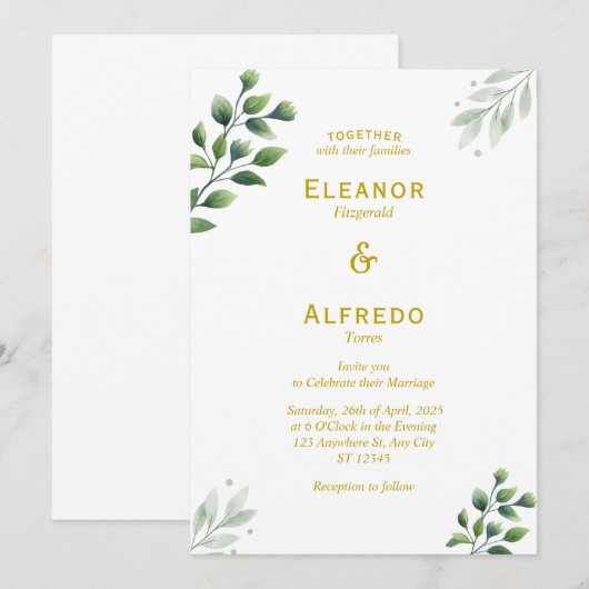 Gold Greenery Wedding Uitnodiging (Voorkant / Achterkant)