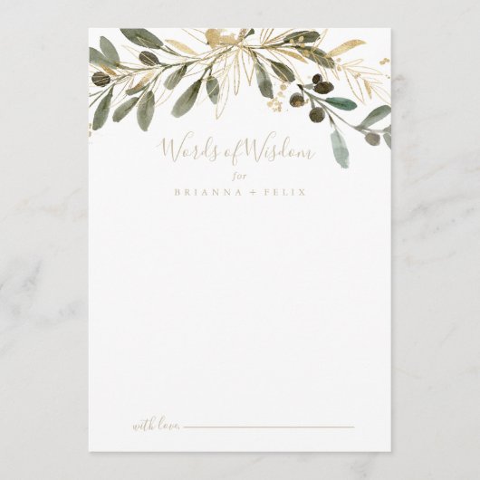 Gold Greenery Wedding Words of Wisdom Advice Kaart (Voorkant)