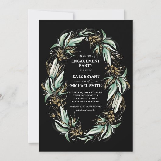 Gold Greenery Wreath Black Modern Engagement Party Kaart (Voorkant)