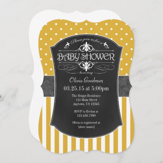 Gold Grey Chalkboard Stripes Baby shower Invite Kaart (Voorkant / Achterkant)