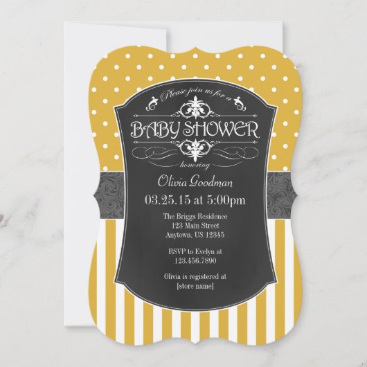 Gold Grey Chalkboard Stripes Baby shower Invite Kaart (Voorkant)