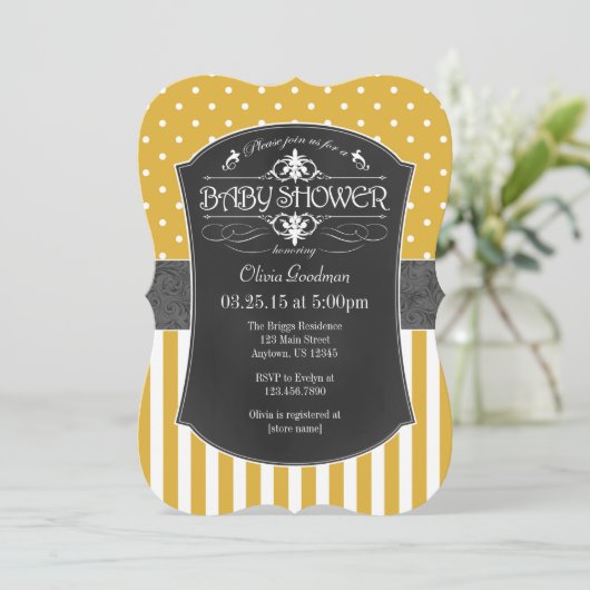 Gold Grey Chalkboard Stripes Baby shower Invite Kaart (Staand voorkant)
