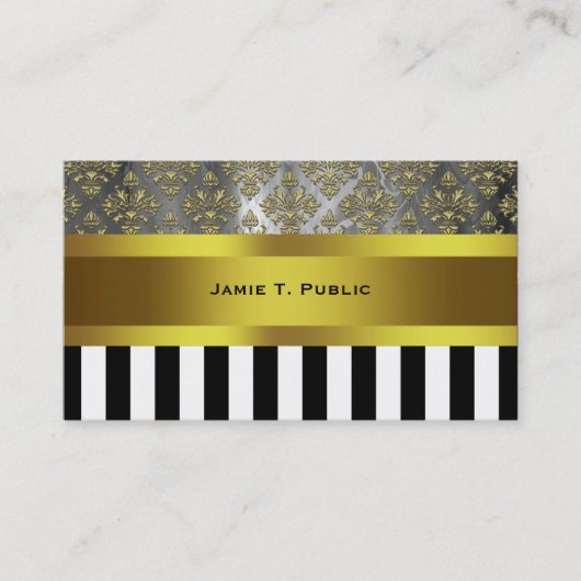 Gold Grey Damask, Black White Stripe Gold Ribbon Visitekaartje (Voorkant)