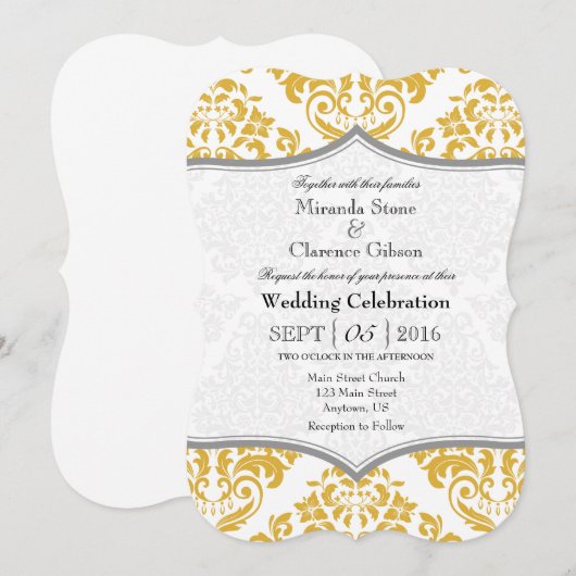 Gold Grey Damask Bracket Wedding Invite Kaart (Voorkant / Achterkant)
