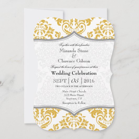 Gold Grey Damask Bracket Wedding Invite Kaart (Voorkant)