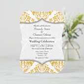 Gold Grey Damask Bracket Wedding Invite Kaart (Staand voorkant)