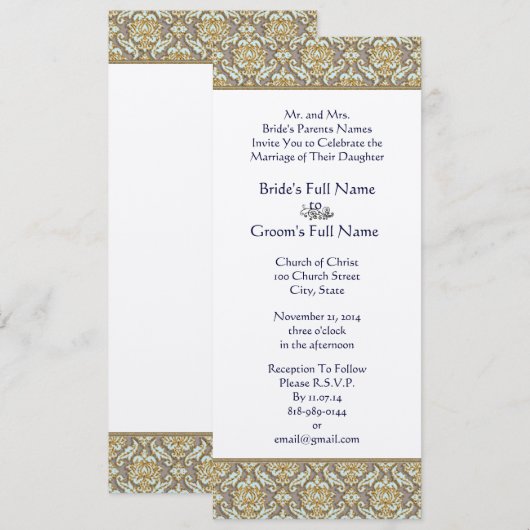 Gold & Grey Damask Swirls Wedding Uitnodiging (Voorkant / Achterkant)