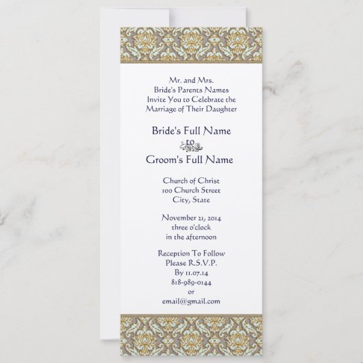 Gold & Grey Damask Swirls Wedding Uitnodiging (Voorkant)