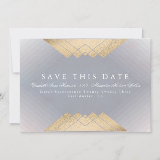 Gold Grey Geometric Gatsby Folie sparen de datum Aankondiging (Voorkant)