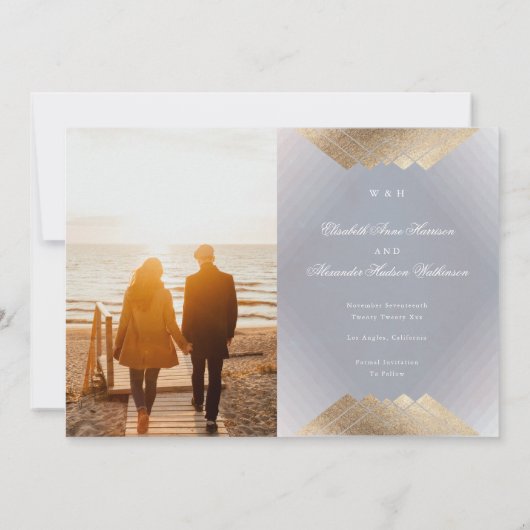 Gold Grey Geometric Gatsby Folie sparen de datum Aankondiging (Achterkant)