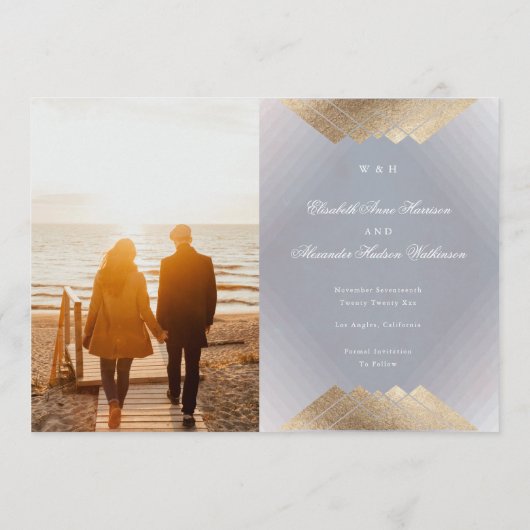 Gold Grey Geometric Gatsby Folie sparen de datum Aankondiging (Achterkant)