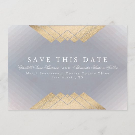 Gold Grey Geometric Gatsby Folie sparen de datum Aankondiging (Voorkant)