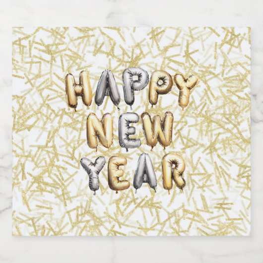 Gold Grey Happy New Year Confetti Sparkling Wijnetiket (Enkel label)