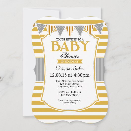 Gold Grey Stripes Baby shower Invitation Kaart (Voorkant)