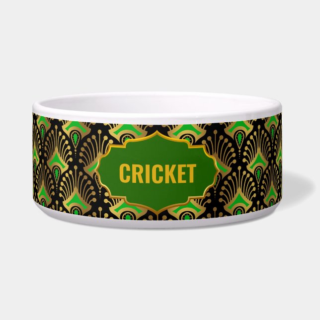 Gold-, groen- en zwart Deco-patroon, aangepaste na Voerbakje (Voorkant)