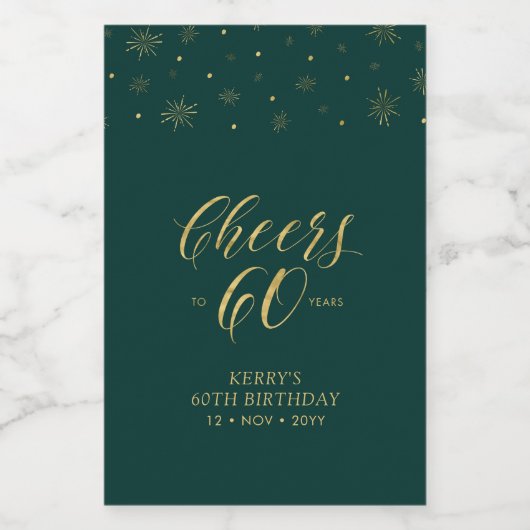 Gold & Groene Cheers 60 jaar, 60e verjaardag Wijn Etiket (Enkel label)
