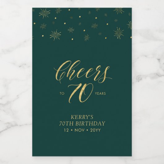 Gold & Groene Cheers 70 jaar, 70e verjaardag Wijn Etiket (Enkel label)