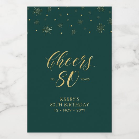 Gold & Groene Cheers 80 jaar, 80e verjaardag Wijn Etiket (Enkel label)