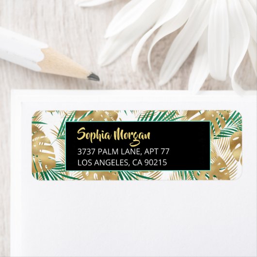 Gold & groene tropische bladeren, naamadres Wit/Bl Etiket (Insitu)