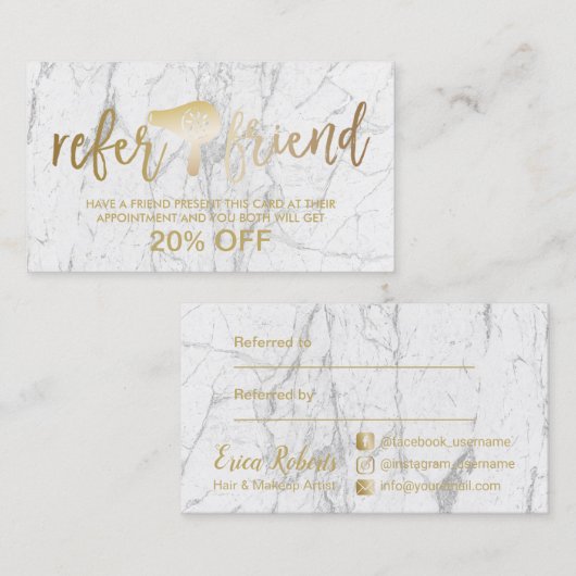 Gold Hair Dryer Modern Marble Salon Referral (Voorkant / Achterkant)