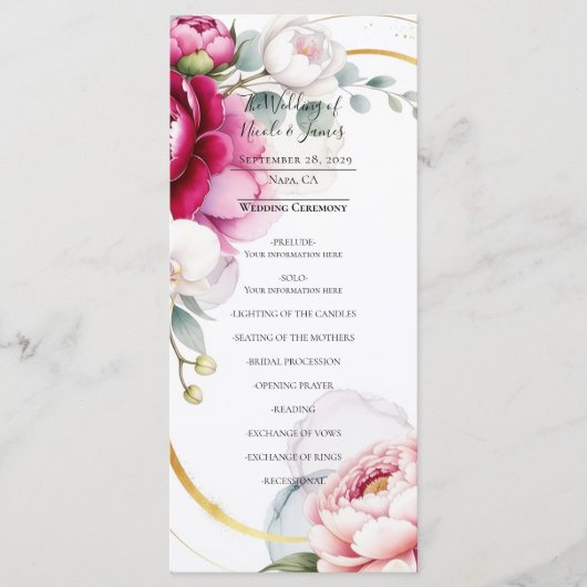 Gold Halo Garden Peonies & Orchids Wedding Program Menu (Voorkant)
