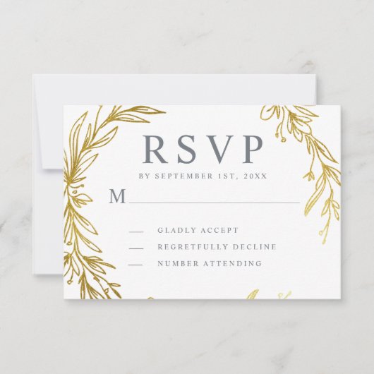Gold Hand-draw Wreath Wedding RSVP Kaartje (Voorkant)