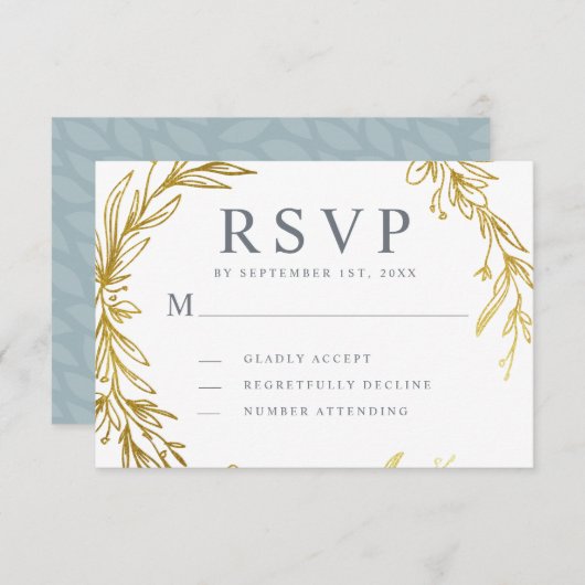 Gold Hand-draw Wreath Wedding RSVP Kaartje (Voorkant / Achterkant)