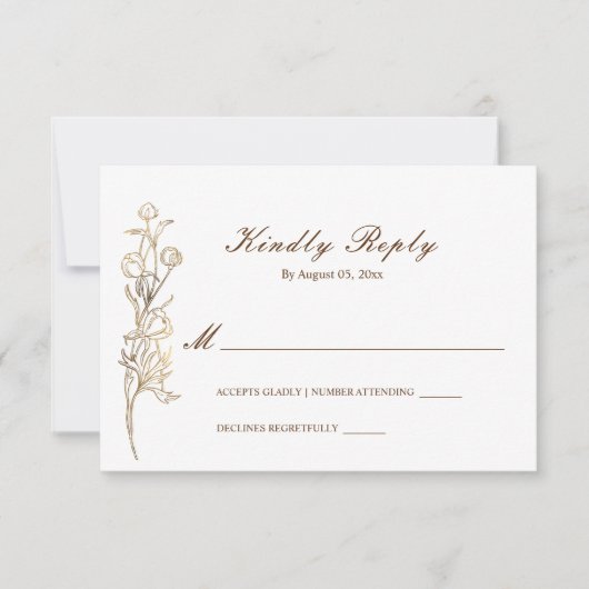 Gold Hand Drawn Delicate Flowers RSVP Kaartje (Voorkant)